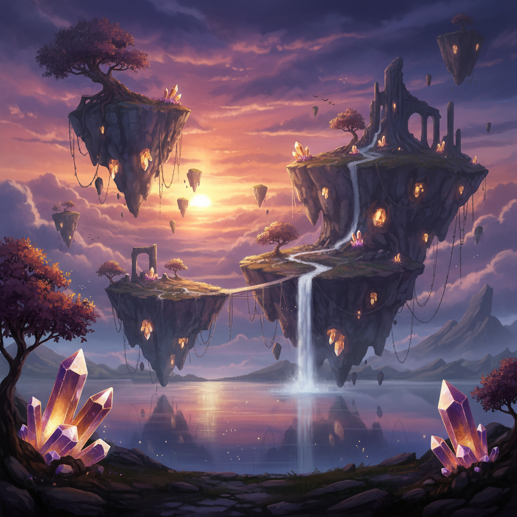 Free Nano Banana Pro Unlimited fantasy concept art — floating islands at sunset with amber sky, generous free generation
