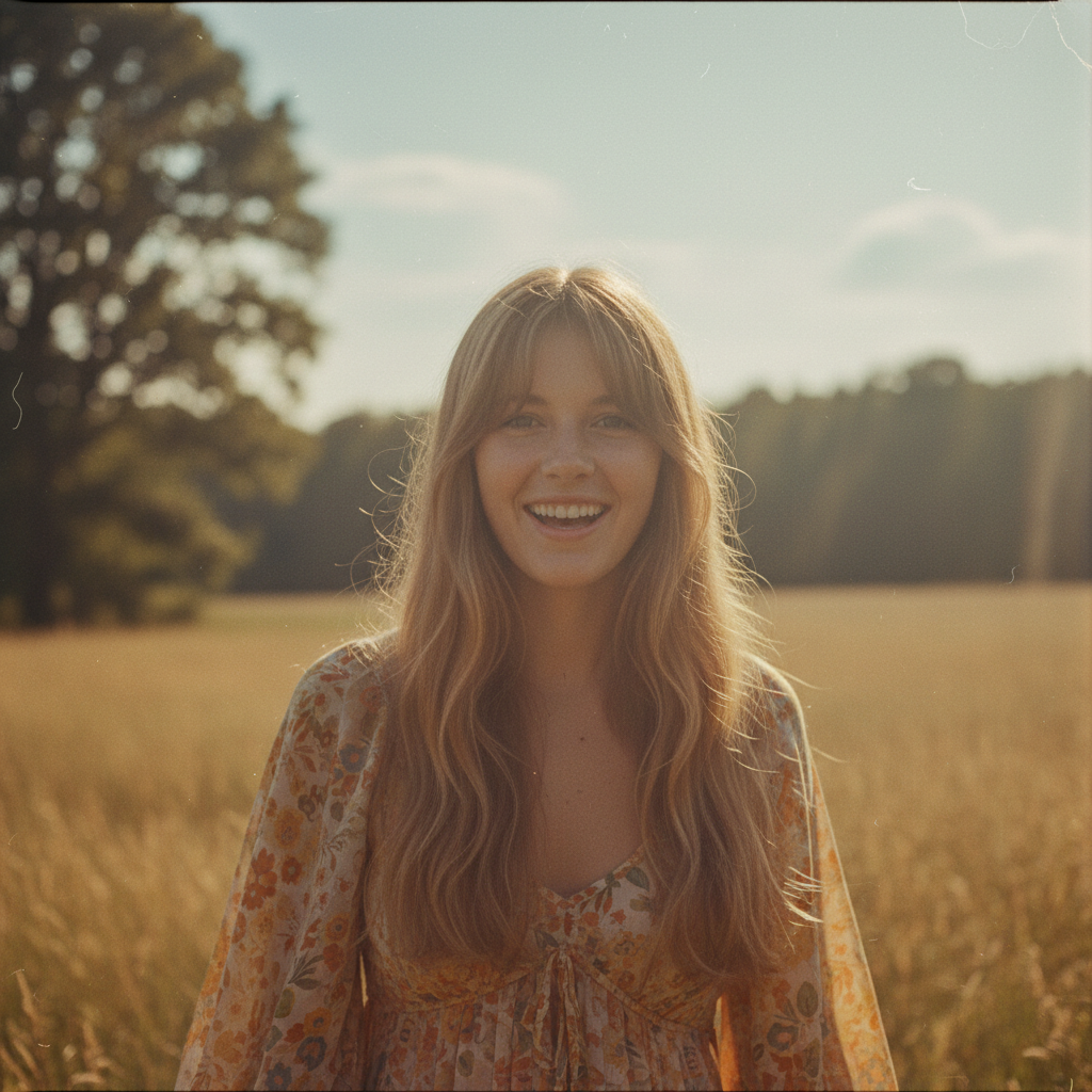 AI vintage photo generator — 1970s Kodachrome color film portrait with warm golden tones and light film grain