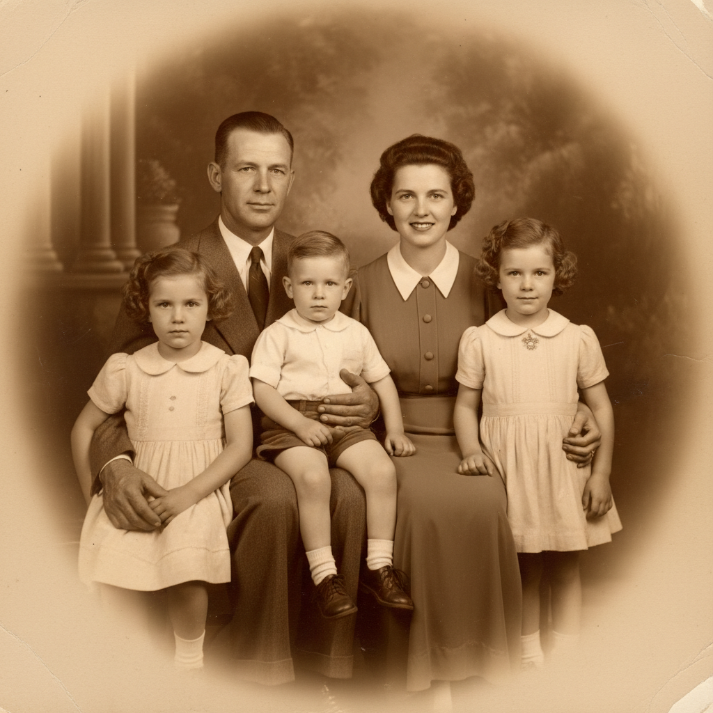 AI vintage photo — 1940s sepia family portrait with aged paper texture