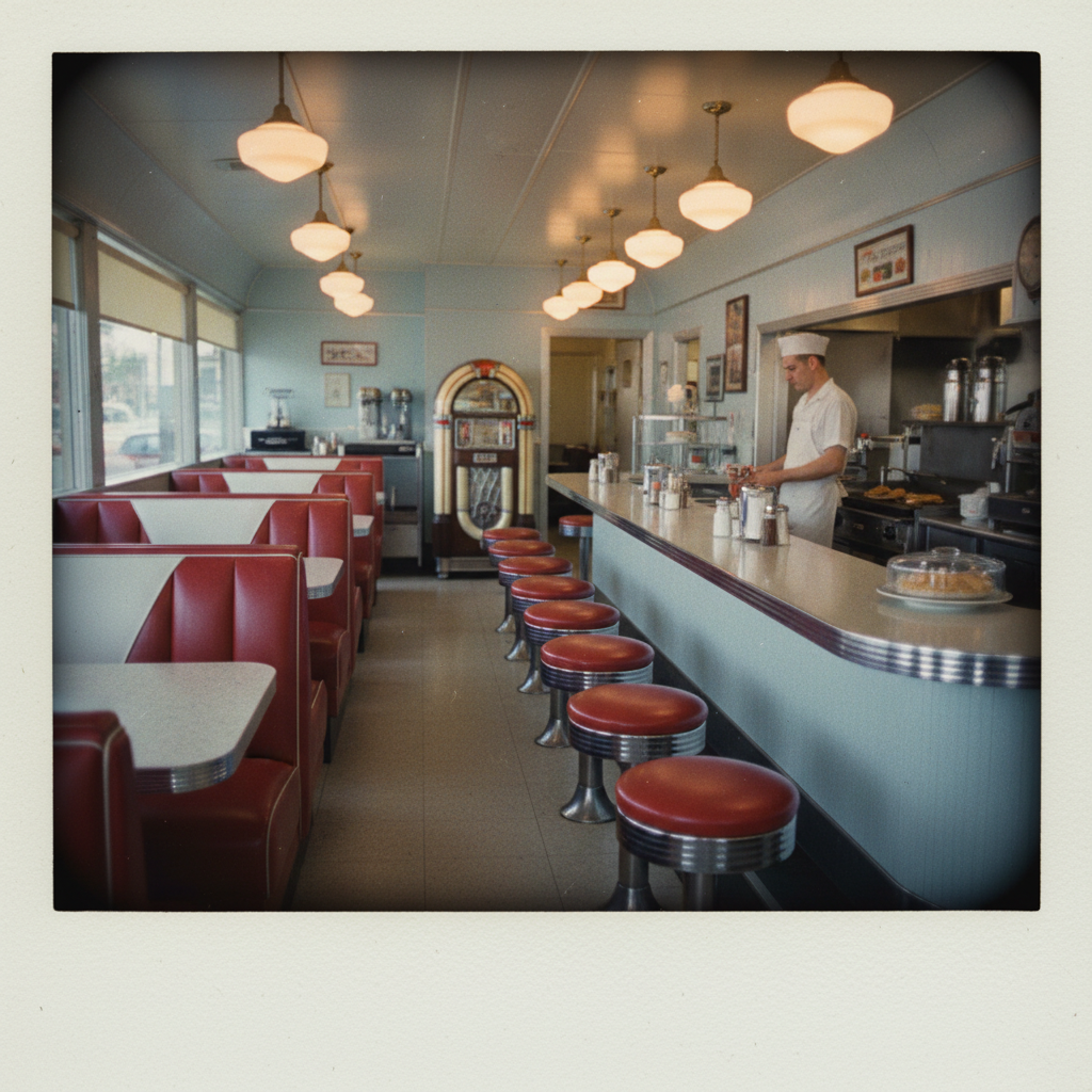 AI vintage photo — 1950s Polaroid diner scene with red booths and pastel colors