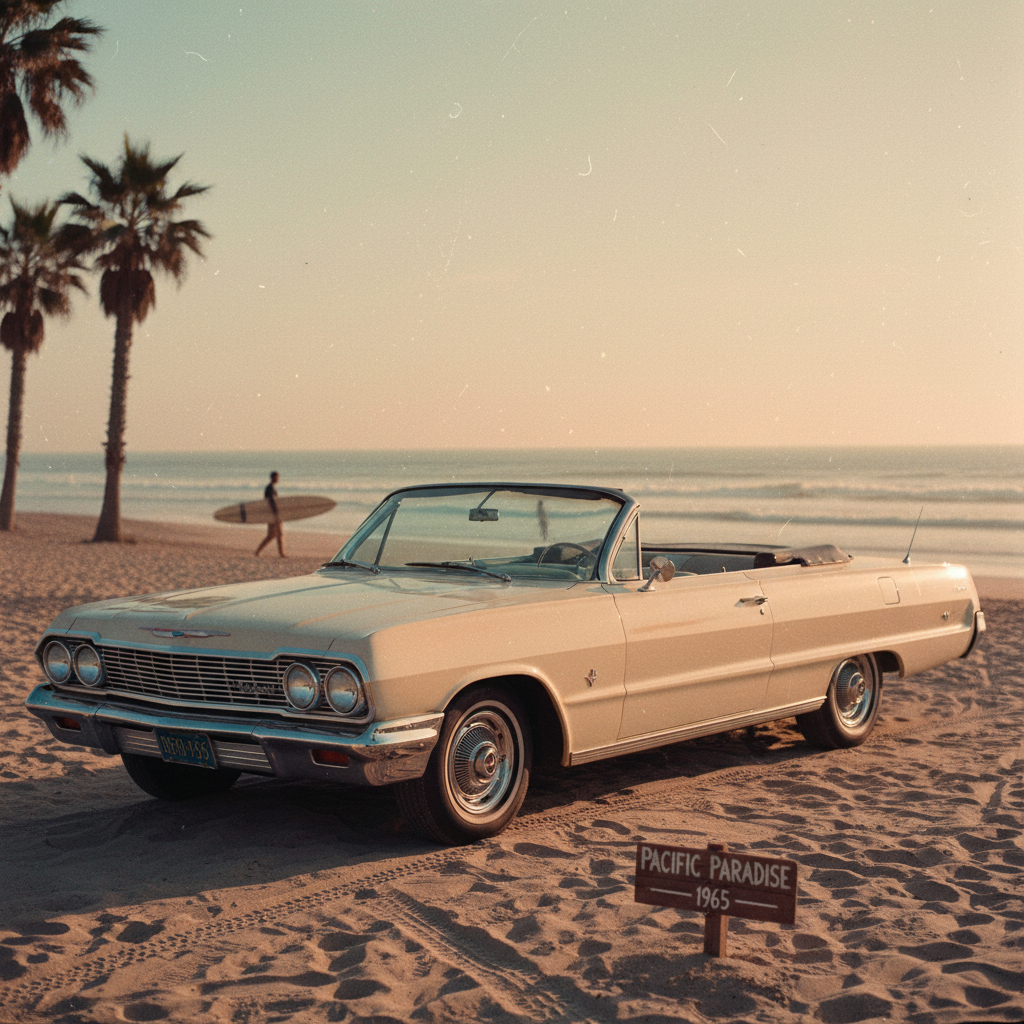 AI vintage photo — 1960s beach convertible summer scene with sun-faded color film