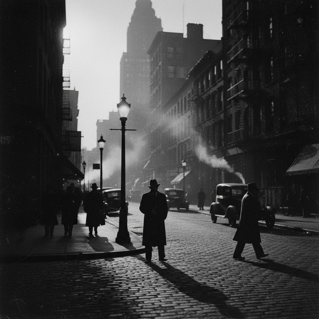 AI vintage photo — 1930s black and white New York street photography with dramatic lighting