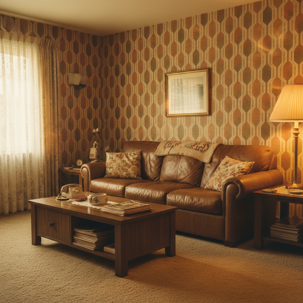 AI vintage photo — 1980s Kodak amber living room home photograph with retro decor