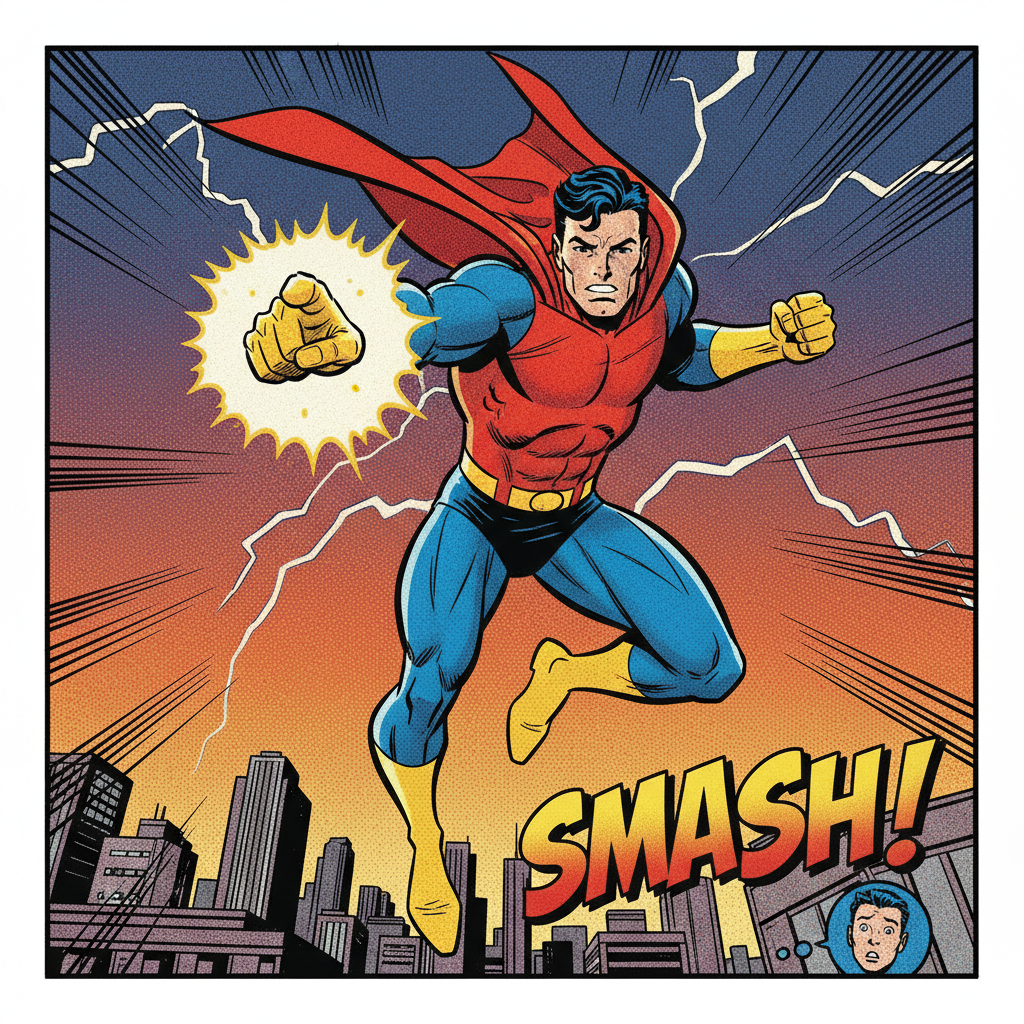 AI comic art generator — dynamic cartoon superhero in action with halftone shading and bold ink outlines