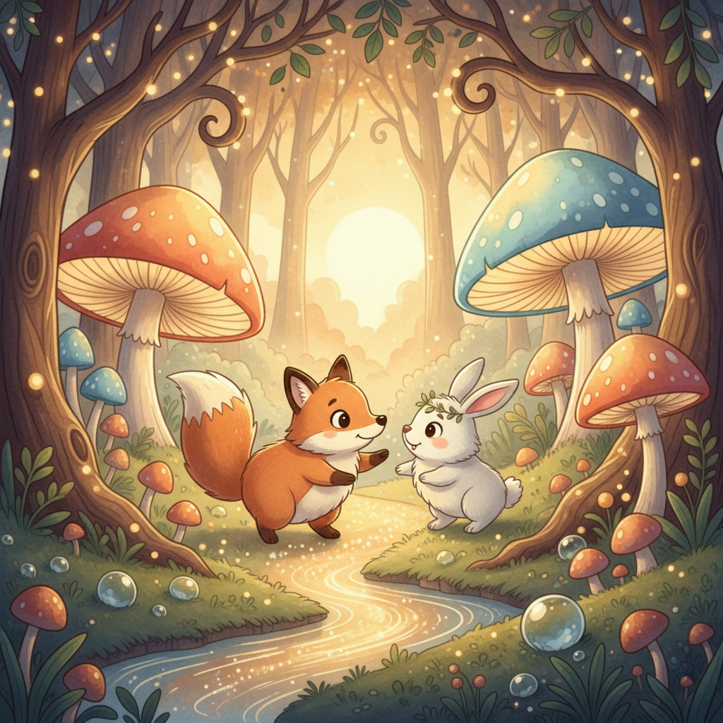 AI cartoon art — whimsical storybook cartoon forest with glowing mushrooms and friendly fox and rabbit characters