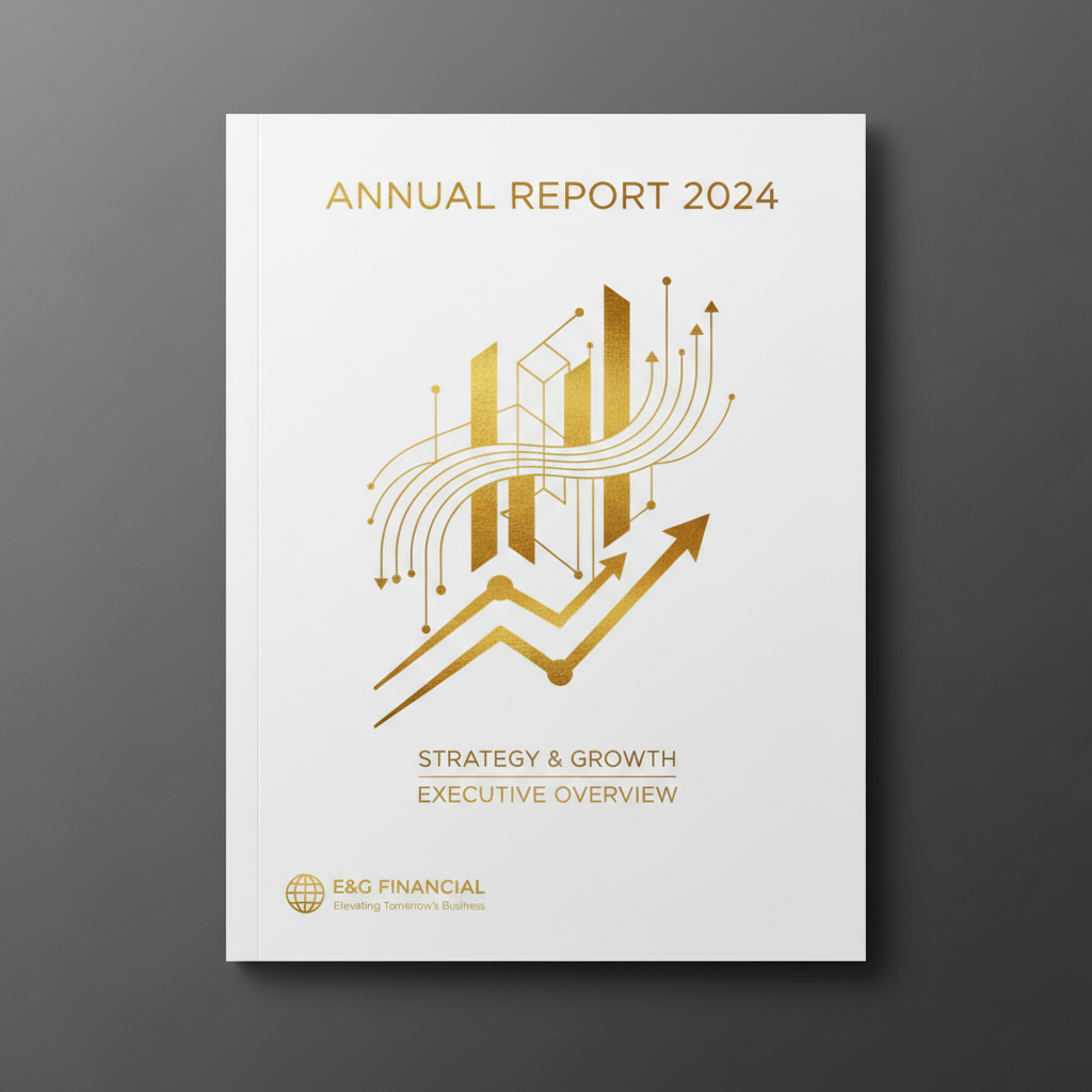 AI business graphics generator — annual report cover with gold accents and premium corporate aesthetic