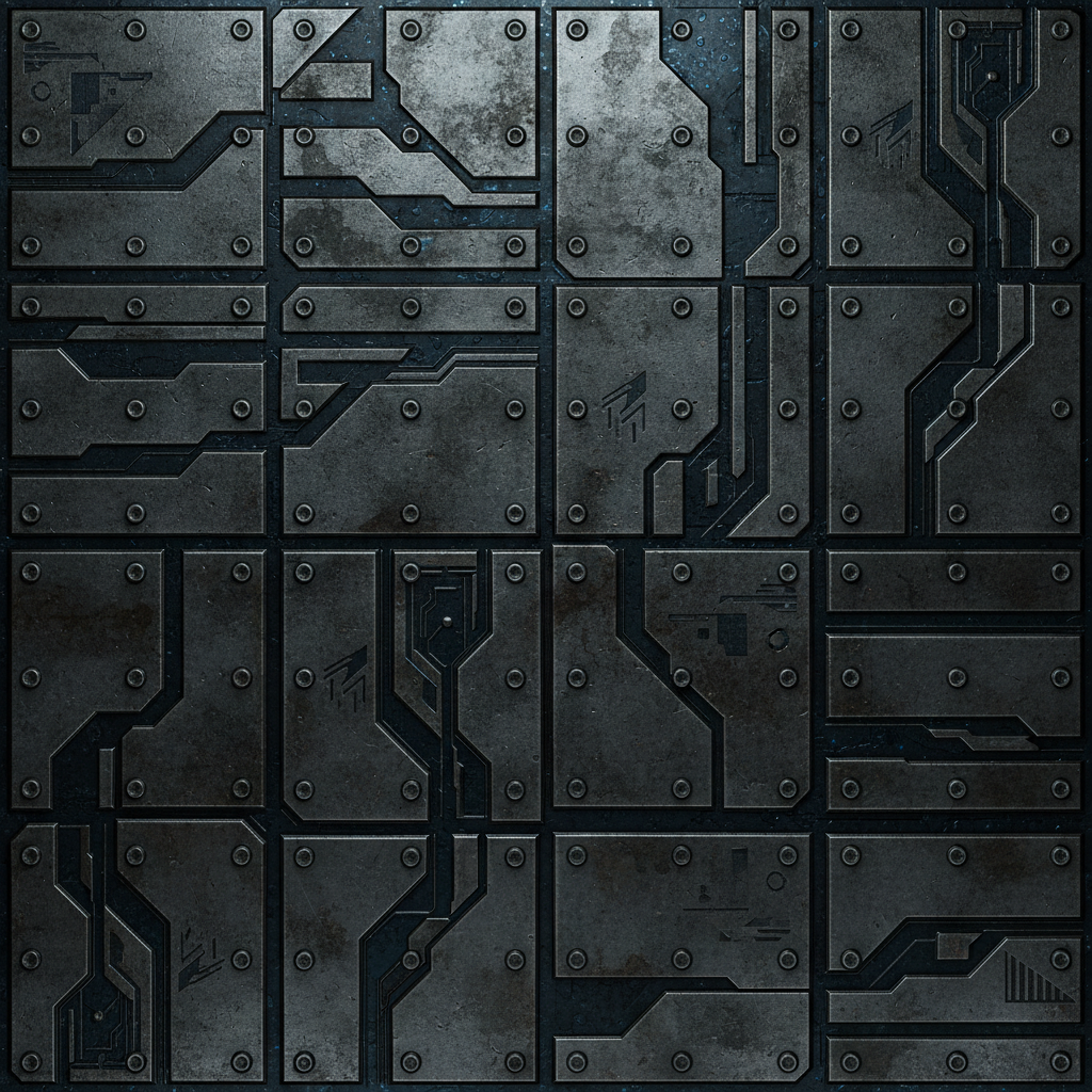 AI texture generator sci-fi metal panel with rivets and glowing blue accents