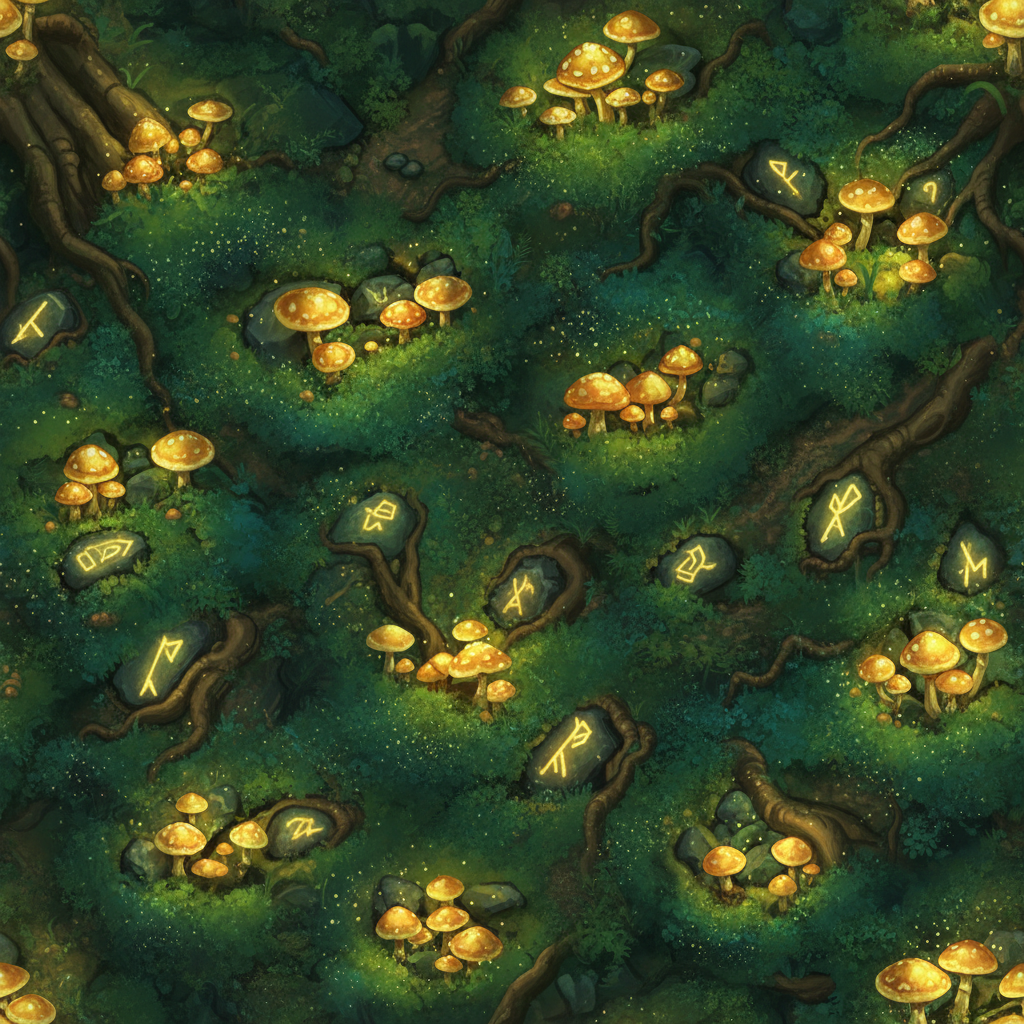 AI-generated stylized fantasy ground texture with glowing mushrooms and forest moss