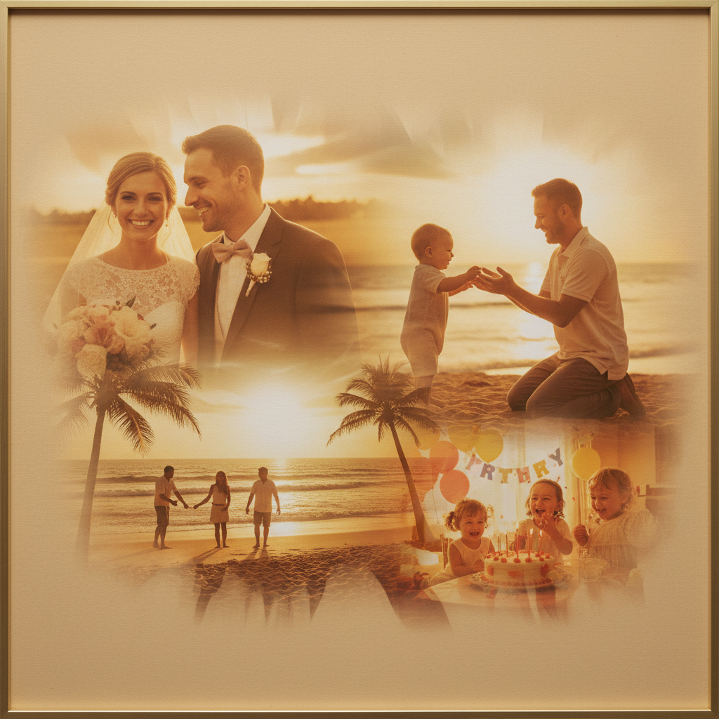 AI photo montage maker output — family memories collage with wedding, baby, beach, and birthday moments seamlessly blended