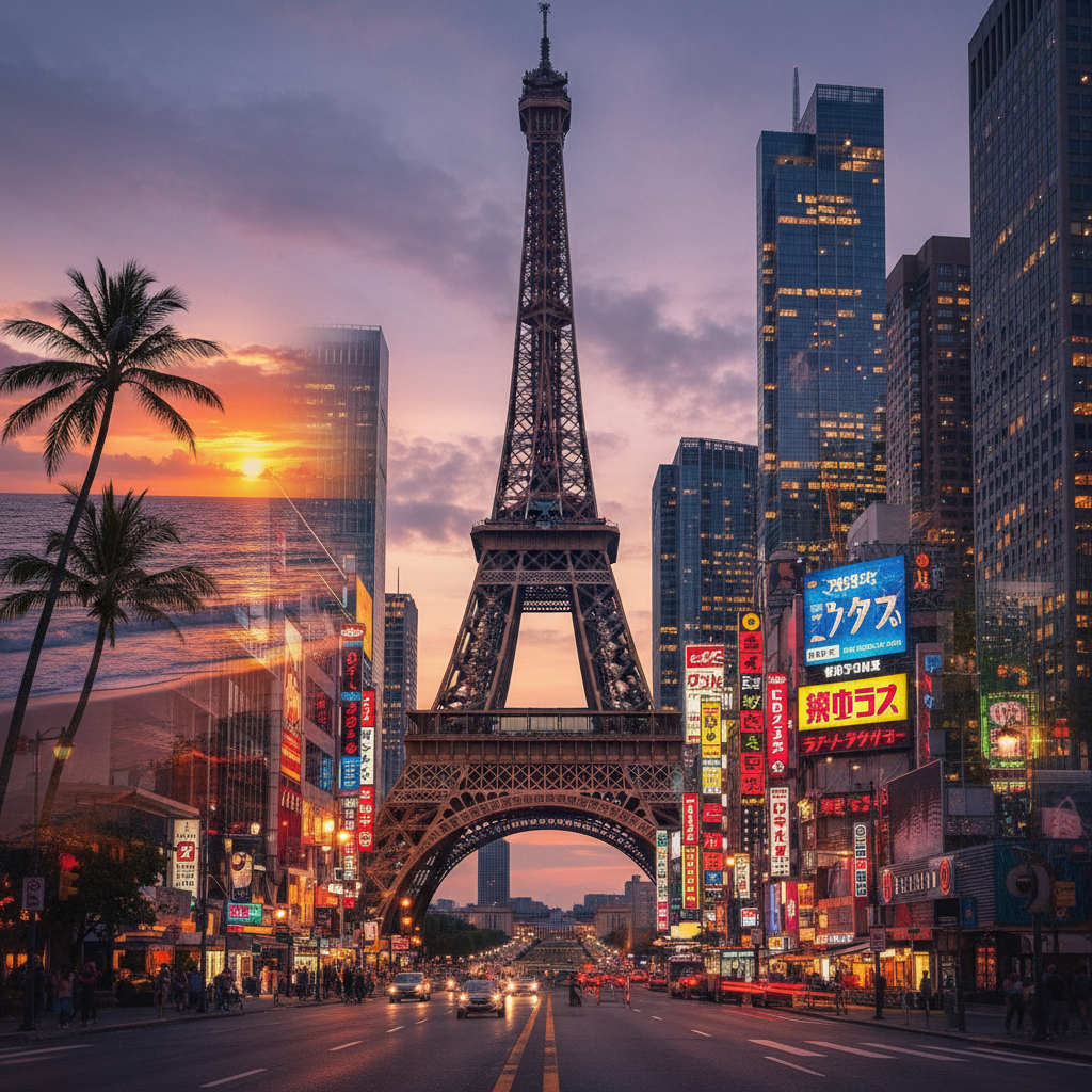 AI-generated travel photo montage with Paris Eiffel Tower, Tokyo neon streets, Bali beach, and New York skyline blended