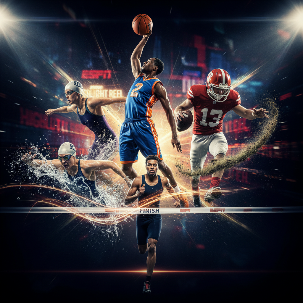 AI photo montage maker sports highlights collage with basketball dunk, football kick, runner finish line, swimmer