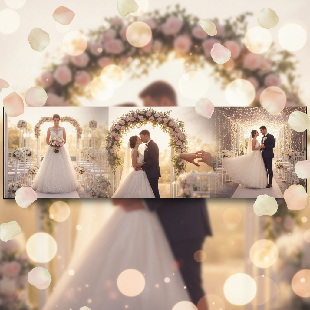 AI-generated wedding photo montage with bride walking aisle, first kiss, ring exchange, first dance, dreamy bokeh