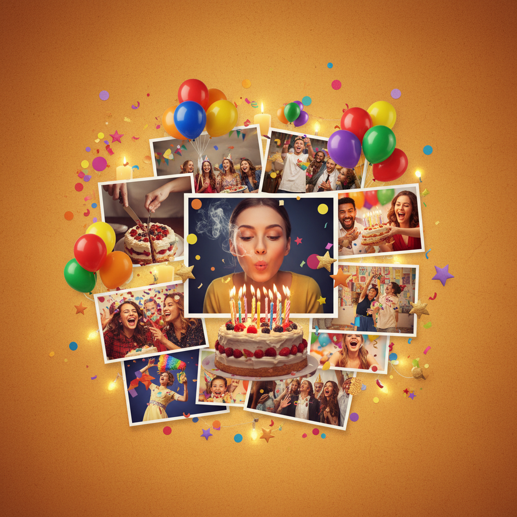 AI photo montage maker birthday celebration collage with candles, cake cutting, friends laughing, balloons confetti