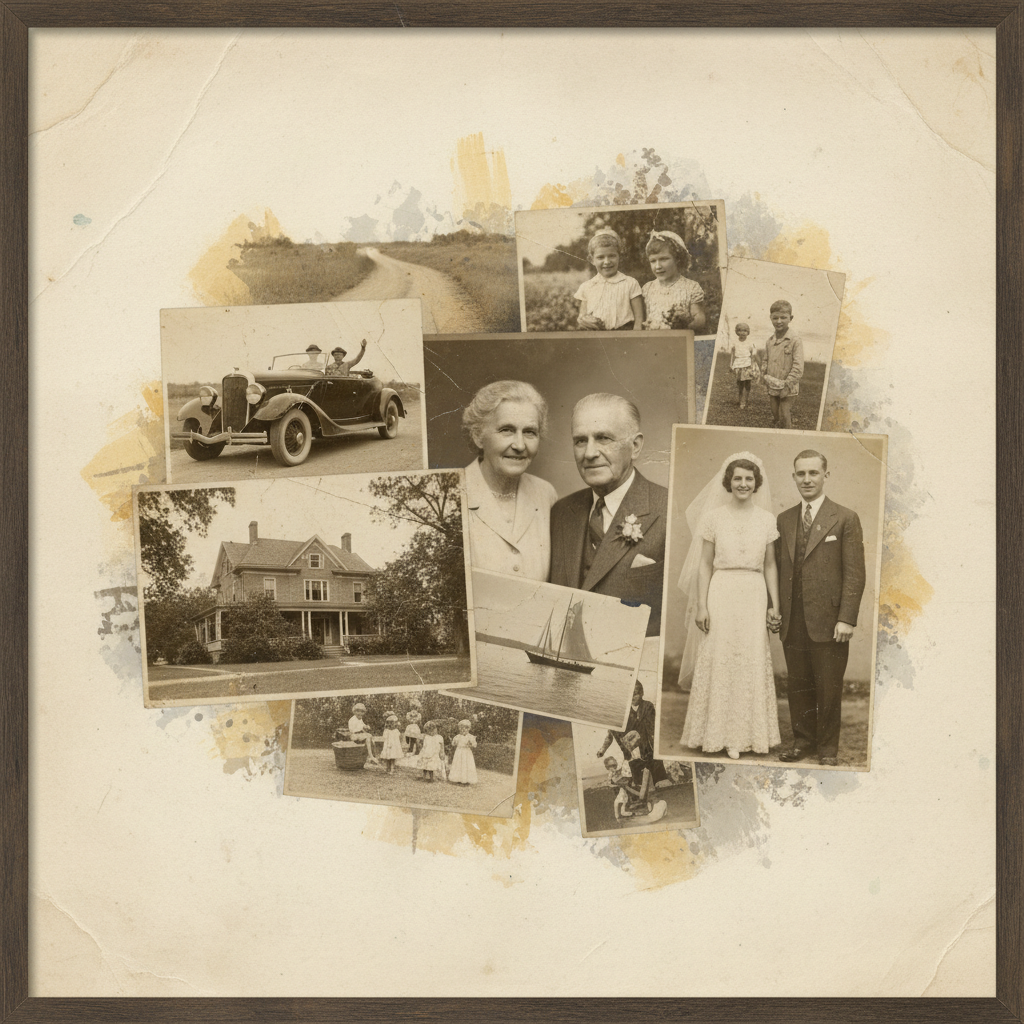 AI-generated vintage photo montage with sepia portraits, old family home, vintage car, classic wedding photo