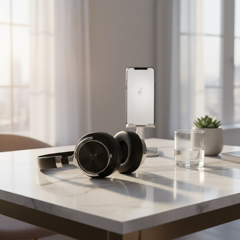 AI-enhanced lifestyle product photography of wireless headphones on a marble desk with morning light