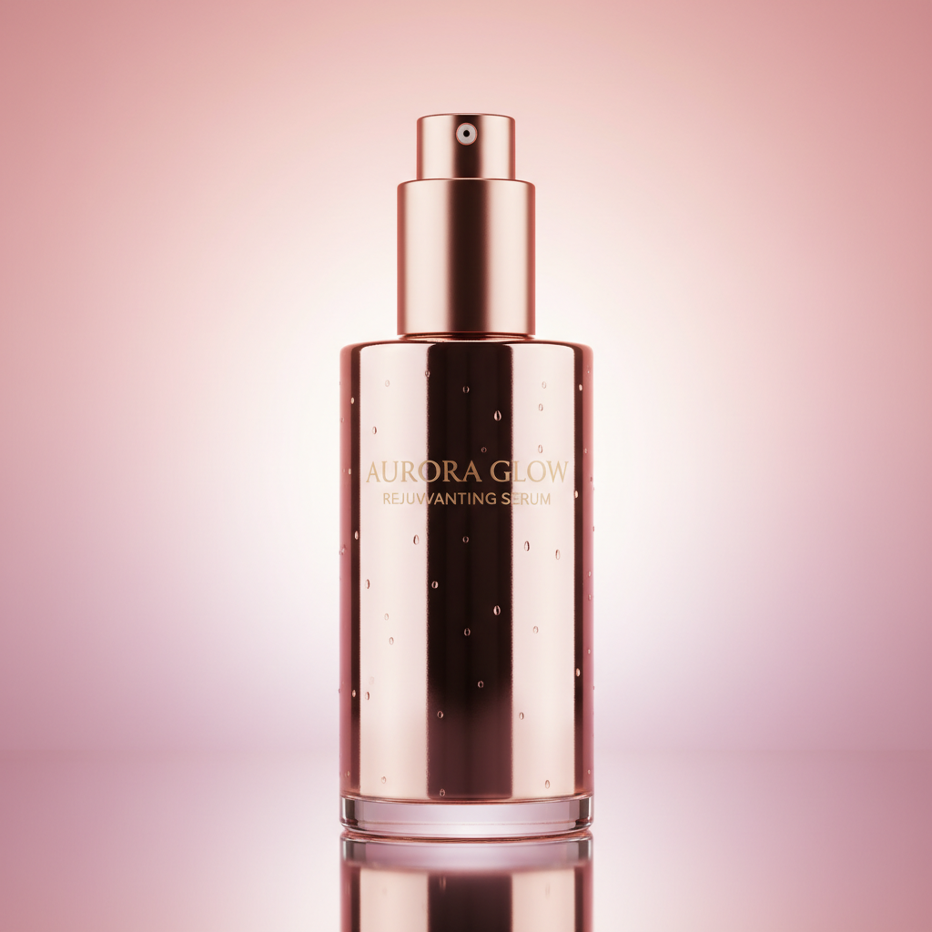 AI product image enhancement — cosmetic skincare bottle with reflective glossy surface on pastel pink gradient background
