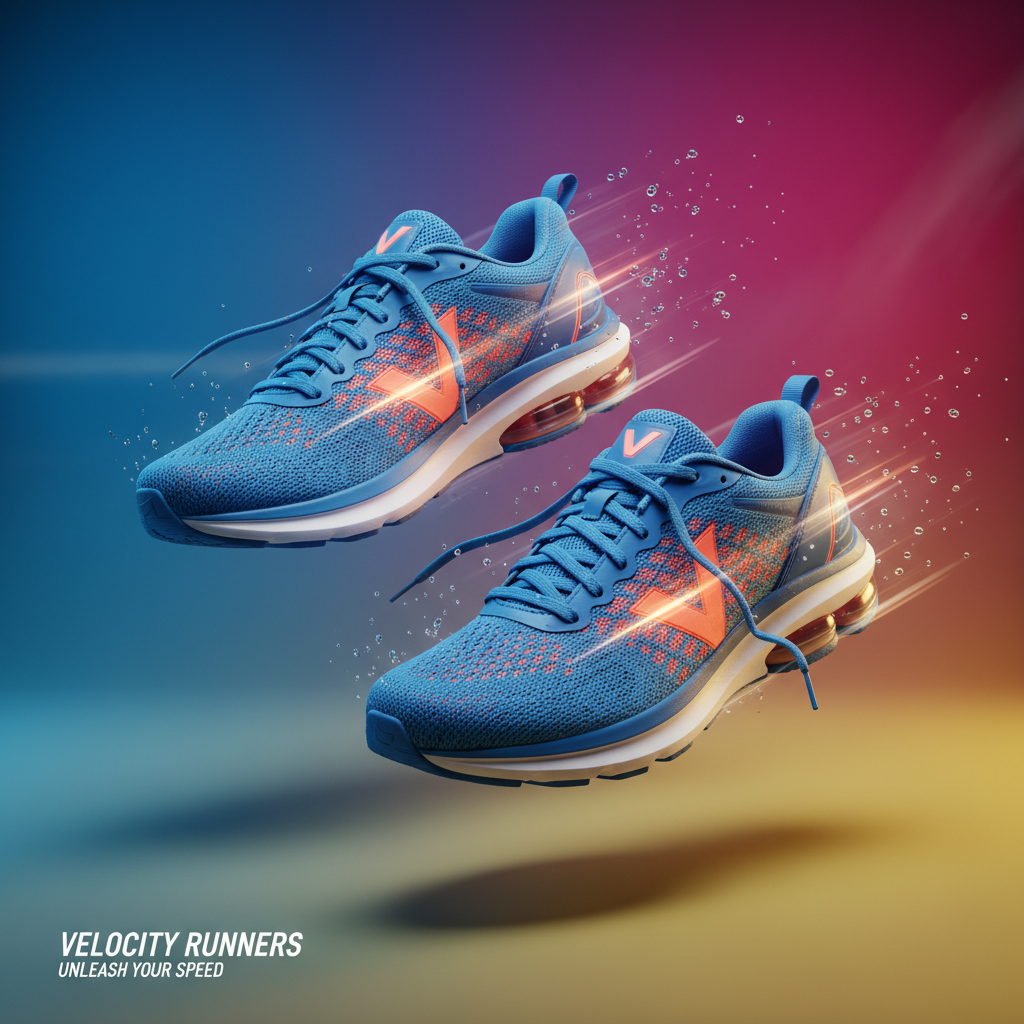 AI-generated dynamic product shot of running sneakers floating with motion blur on vibrant gradient background