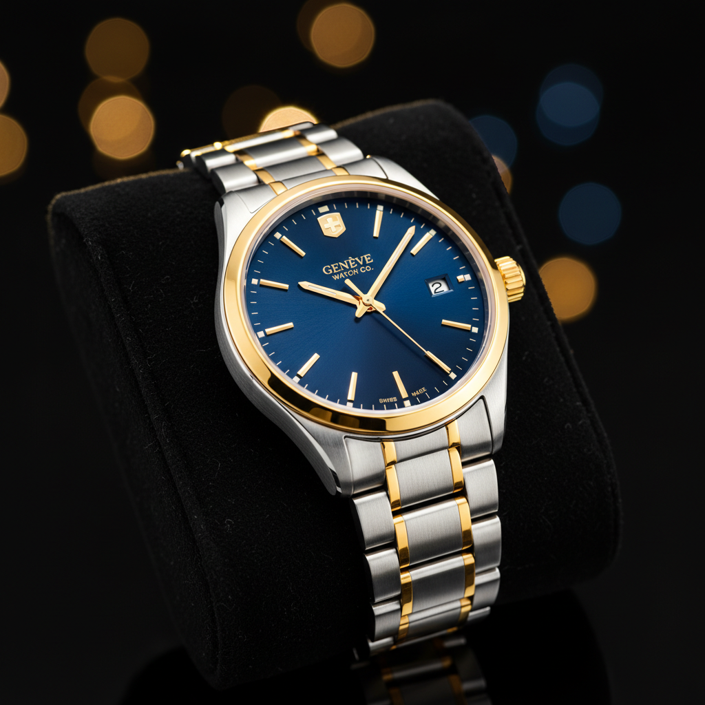 AI product image enhancement — luxury watch on black velvet surface with dramatic golden rim lighting