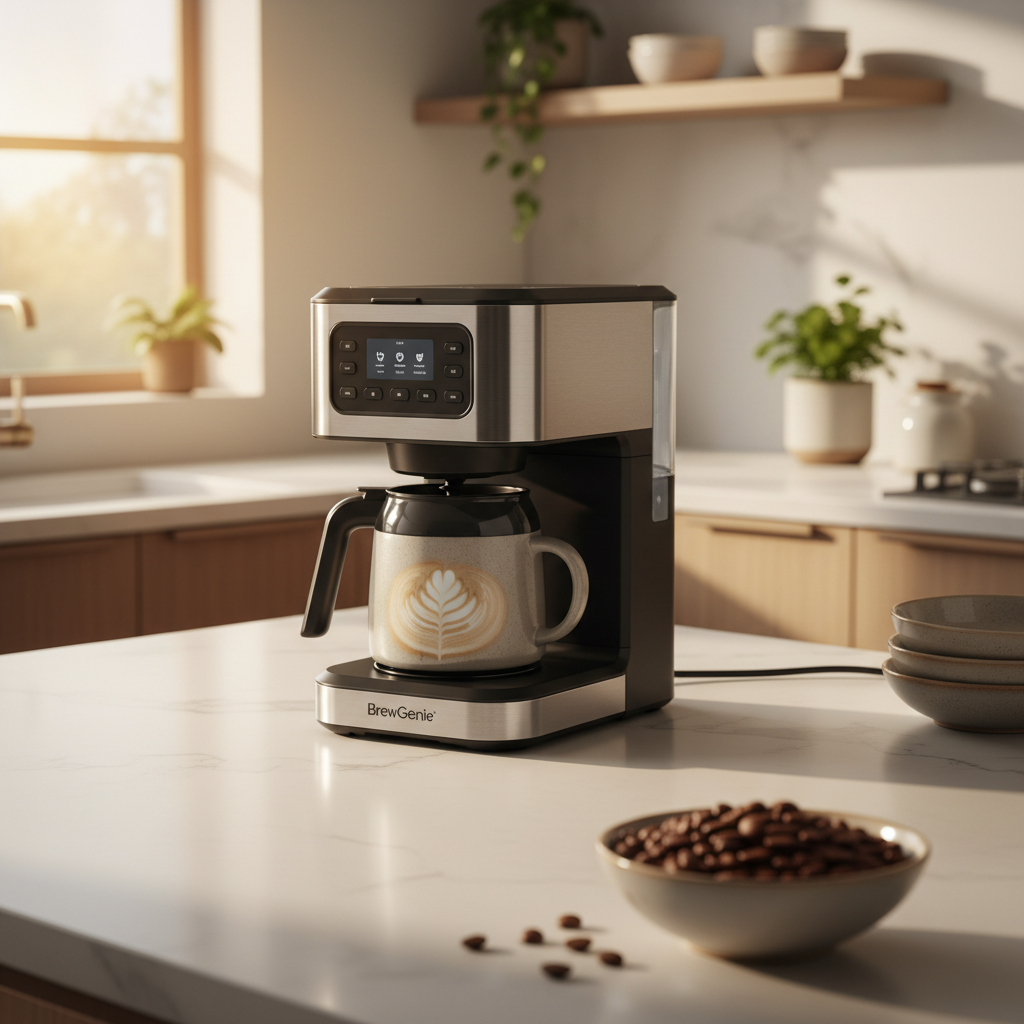 AI-enhanced kitchen appliance product photography of a modern coffee maker on a clean countertop with morning light