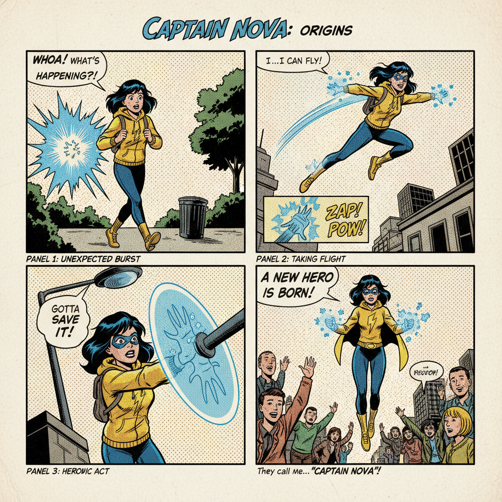 AI comic strip generator output — 4-panel superhero origin comic with bold ink lines and halftone dots
