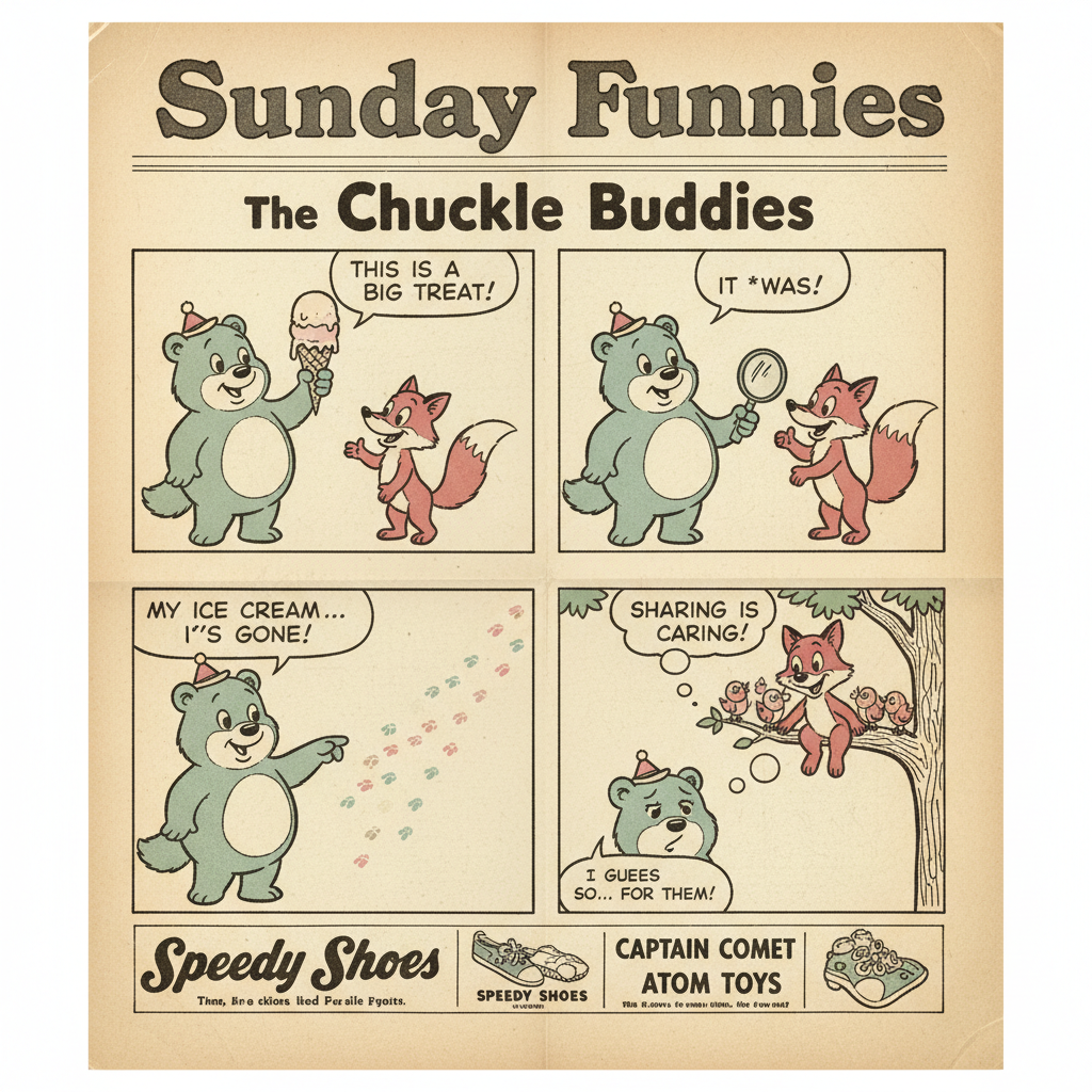AI-generated vintage Sunday newspaper comic strip with cartoon characters and speech balloons