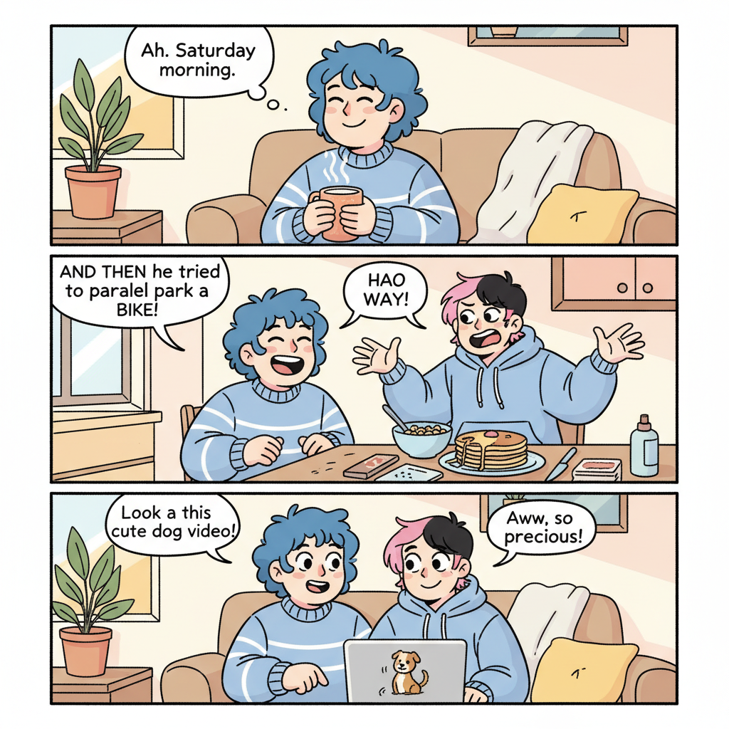 AI comic strip generator output — modern digital webcomic page with slice-of-life characters and flat colors