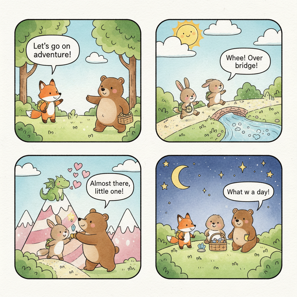 AI comic strip generator output — children's book comic with cute animal characters on adventure