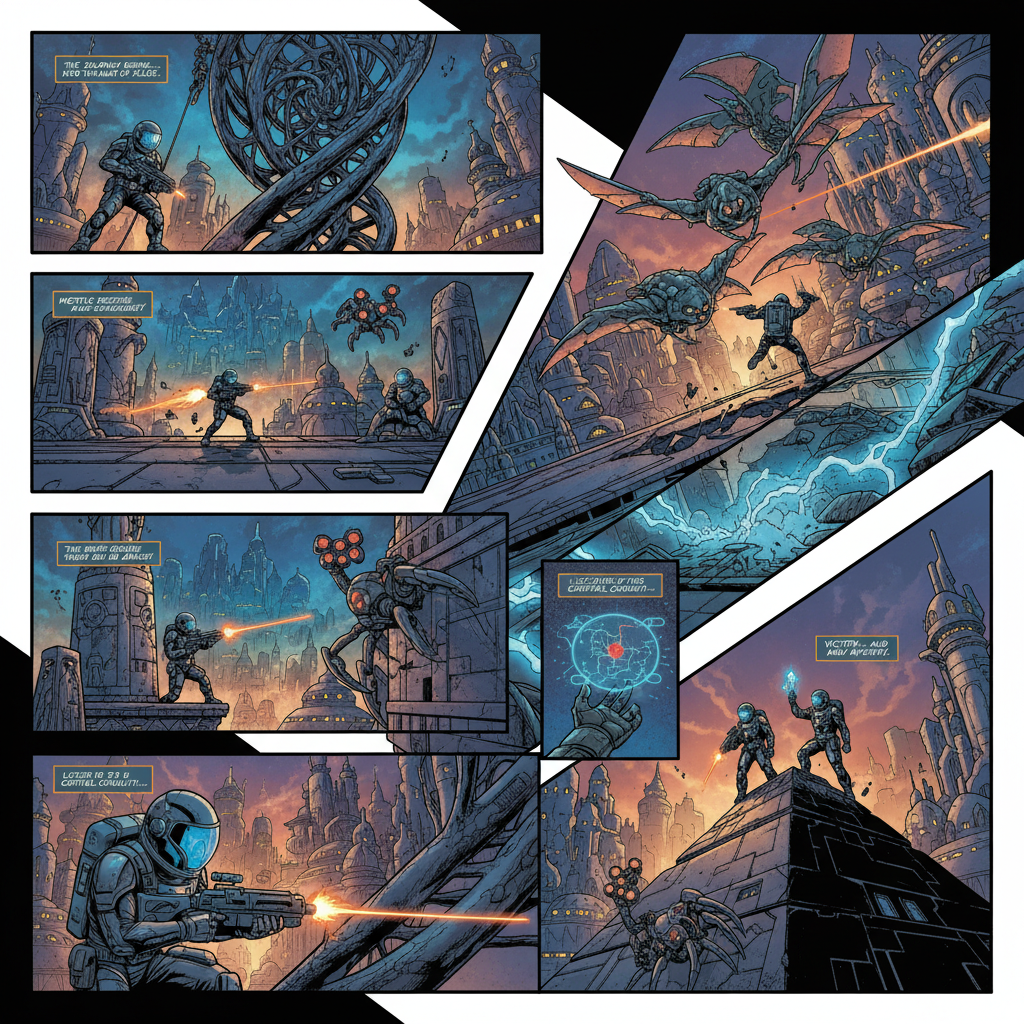 AI-generated sci-fi graphic novel comic spread with astronauts exploring futuristic alien city