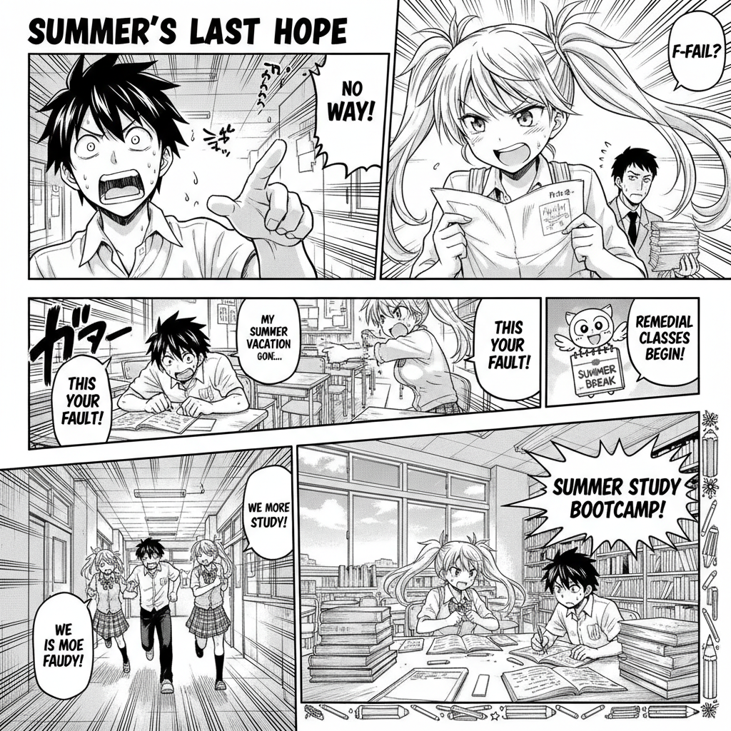 AI comic strip generator output — manga page with school setting, dynamic action panels, and screentones