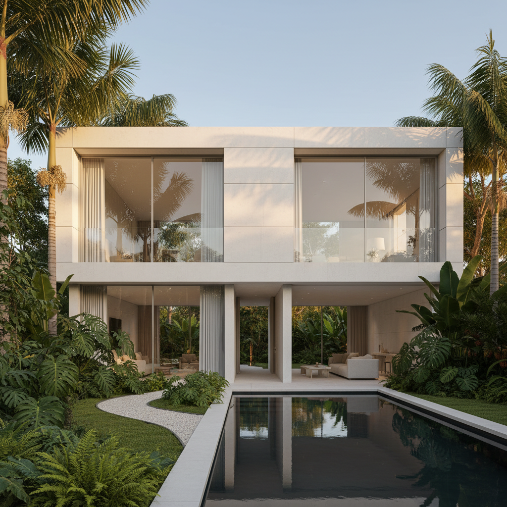 AI architectural design tool output — modern minimalist residential house with white concrete facade and large windows