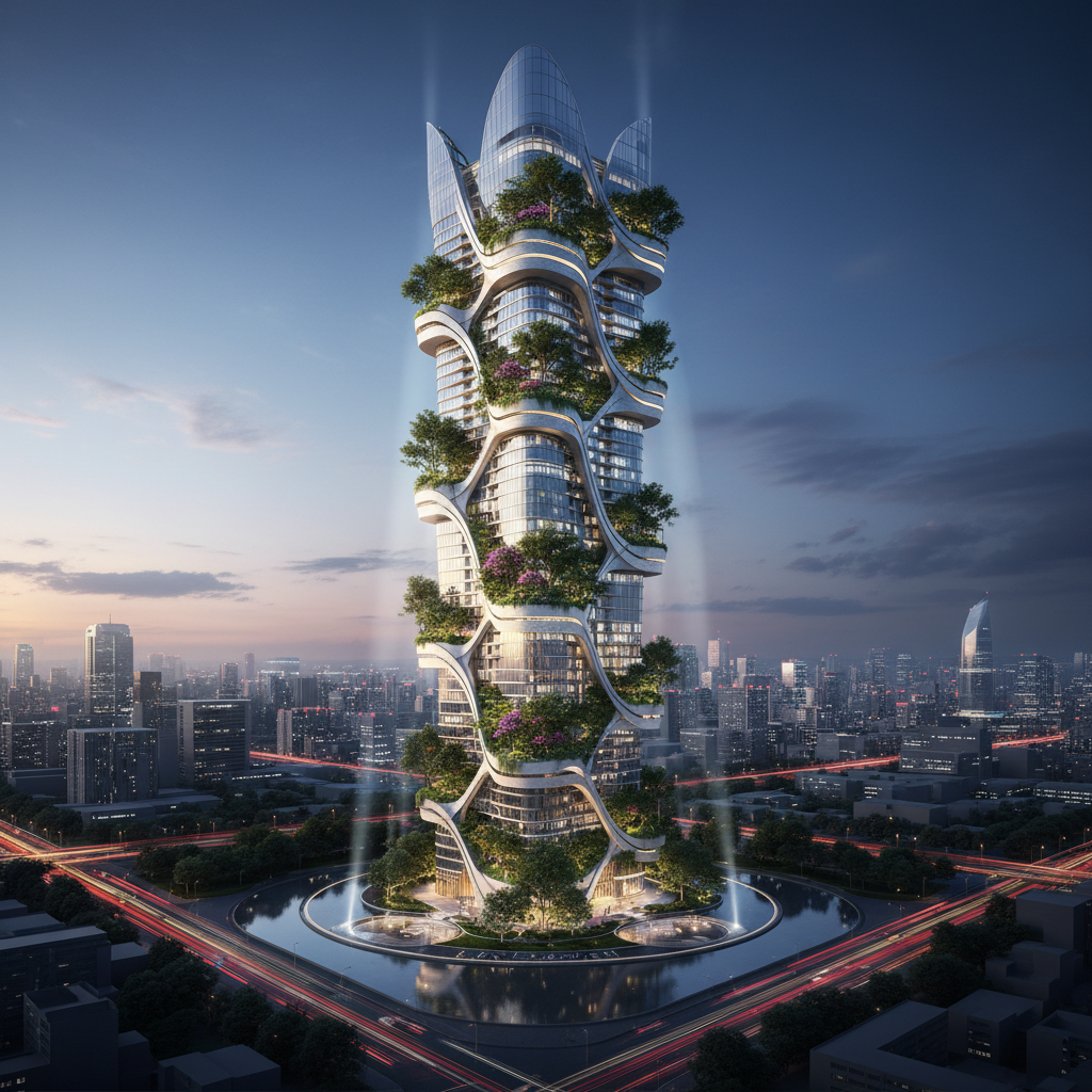 AI architectural design tool output — futuristic skyscraper concept with parametric facade and vertical gardens