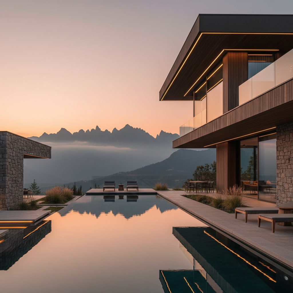 AI architectural design tool output — luxury villa with infinity pool and mountain views at sunset