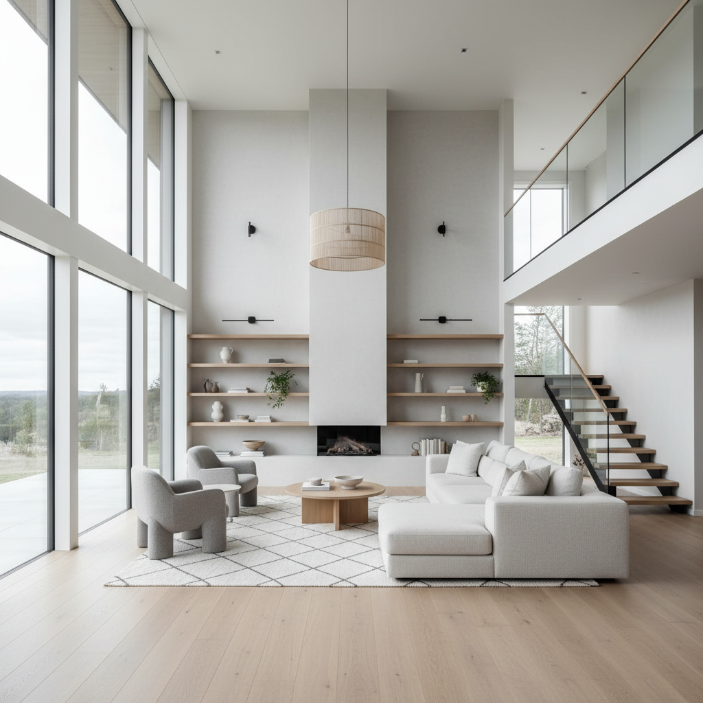 AI architectural design tool output — modern Scandinavian living room interior with double-height ceilings
