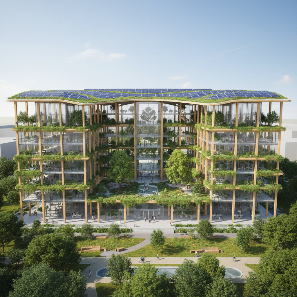 AI architectural design tool output — sustainable office building with green roof and biophilic design