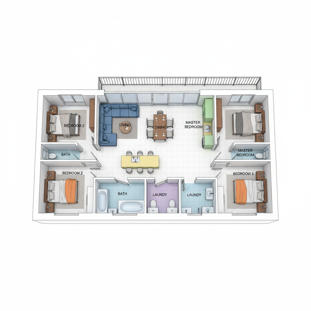 AI architectural design tool output — 3D floor plan visualization with furniture and color-coded zones