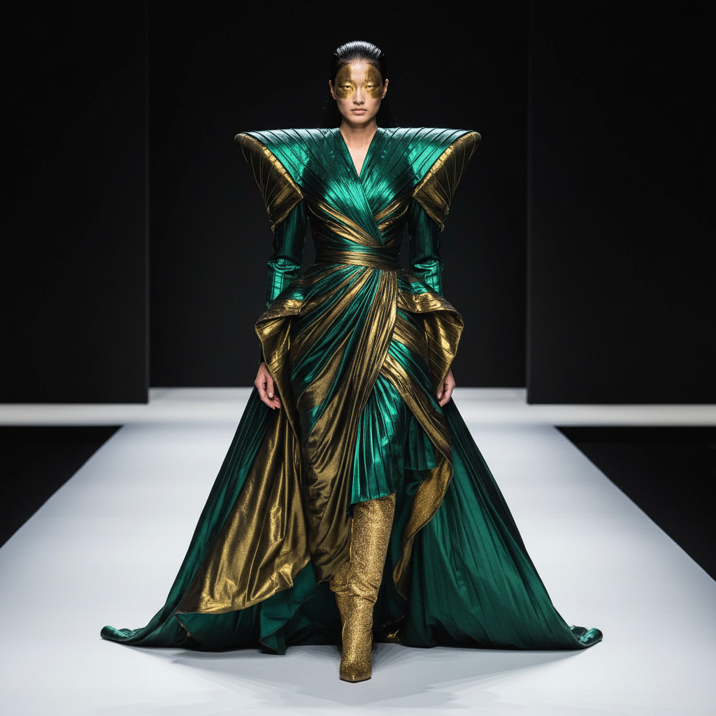 AI fashion design generator output — high fashion editorial runway look with structured shoulders in emerald and gold
