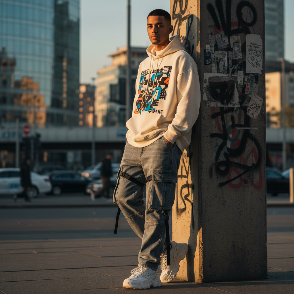 AI fashion design generator output — modern streetwear with oversized hoodie, cargo pants, and chunky sneakers