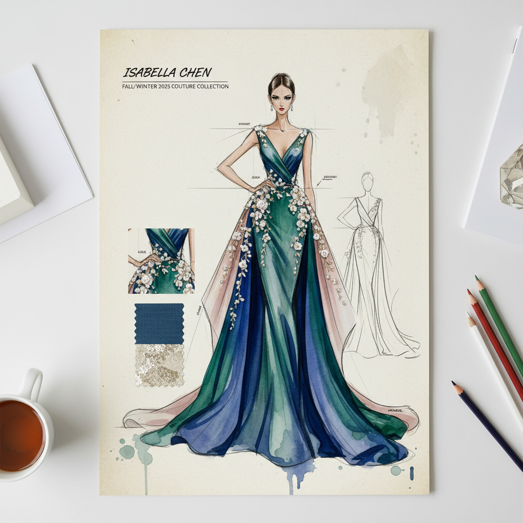 AI fashion design generator output — couture evening gown sketch with watercolor accents and embroidered floral details