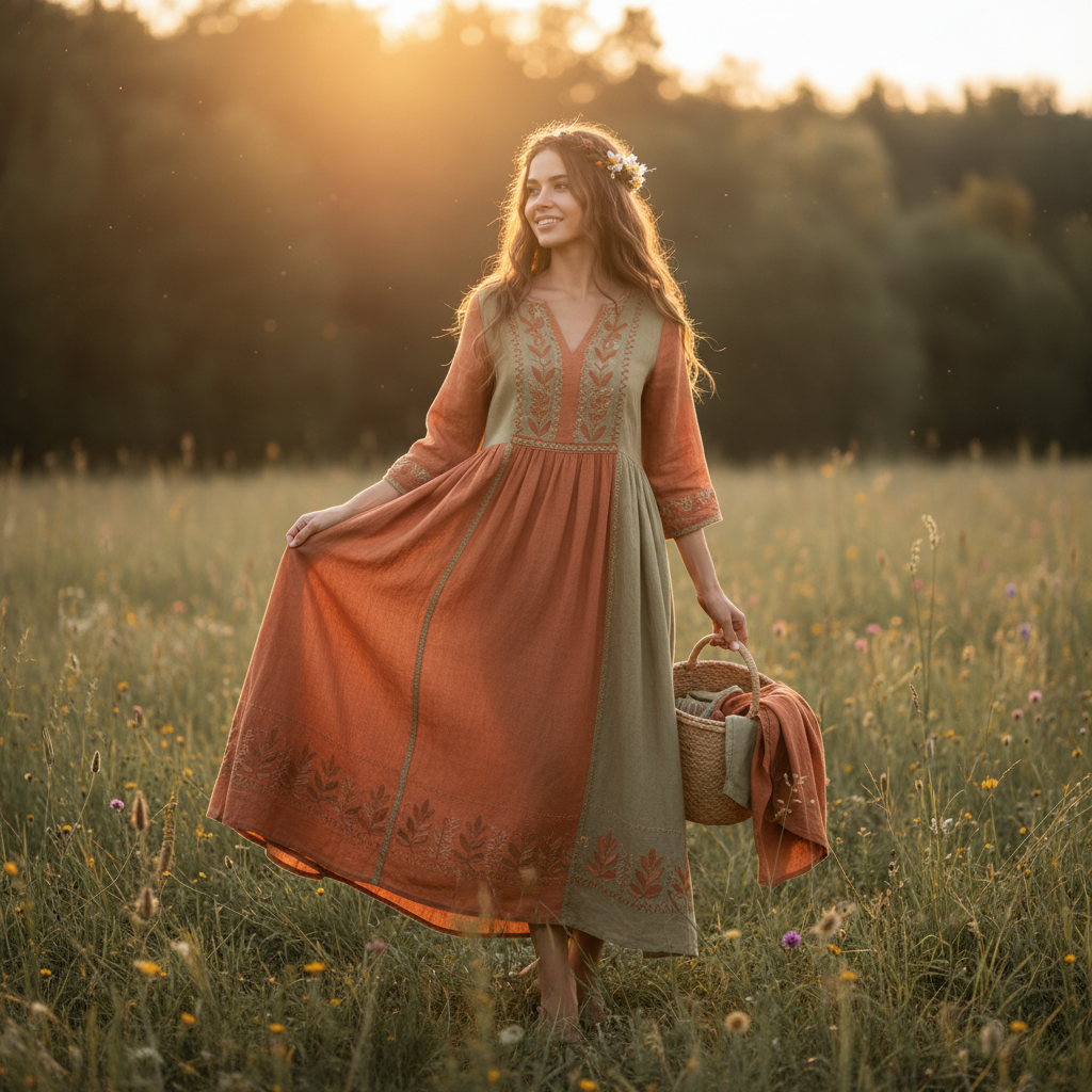 AI fashion design generator output — sustainable bohemian linen maxi dress in earth tones with hand-embroidered details