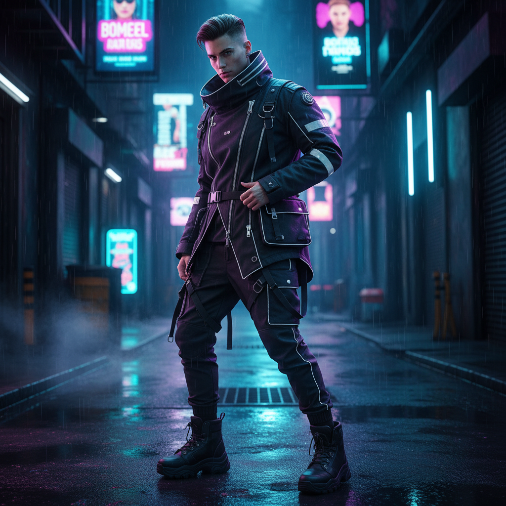 AI fashion design generator output — futuristic techwear modular utility jacket with reflective panels and chrome accents