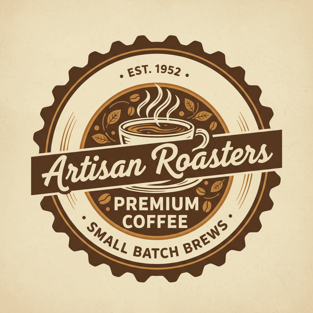 Nano Banana logo generator vintage badge — coffee shop circular emblem with hand-drawn typography in earthy brown and cream tones