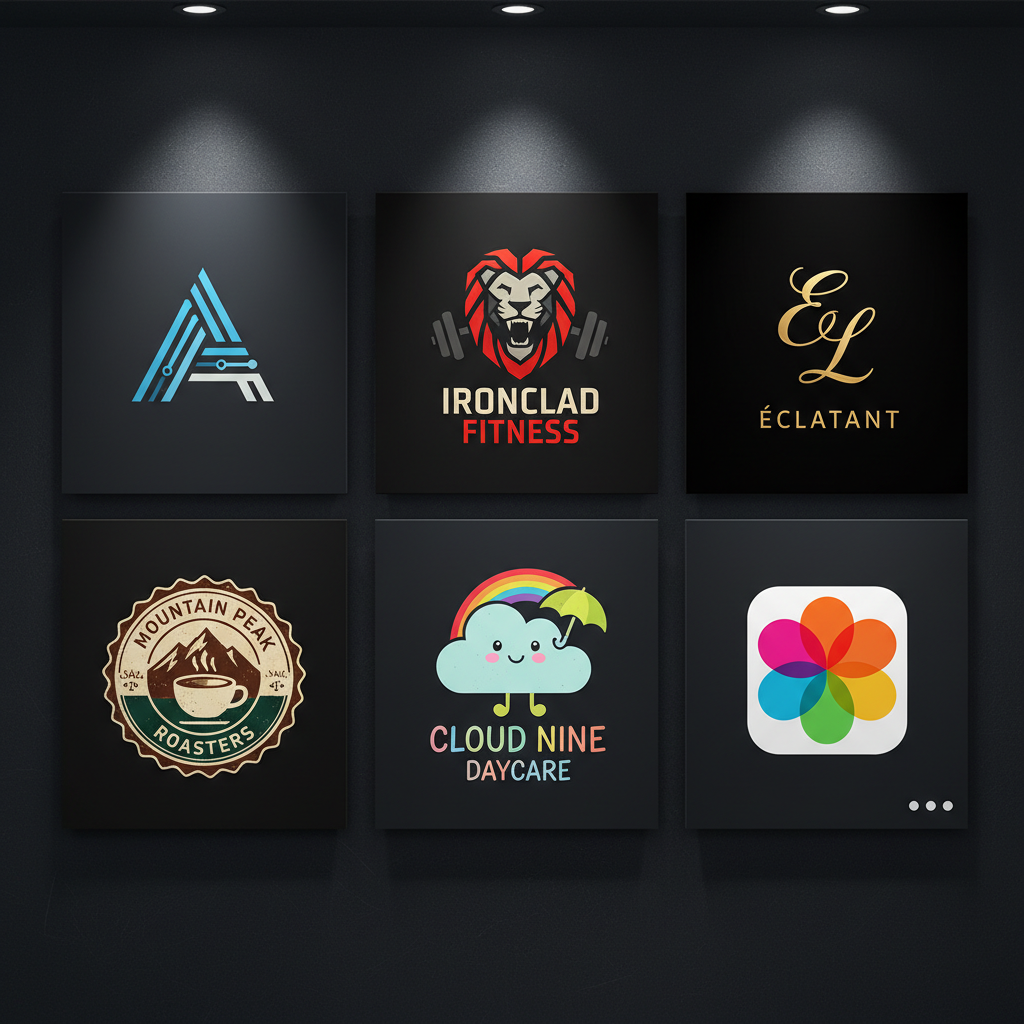 Nano Banana logo generator portfolio gallery showing six diverse AI-generated logos in a clean 3x2 grid on dark background