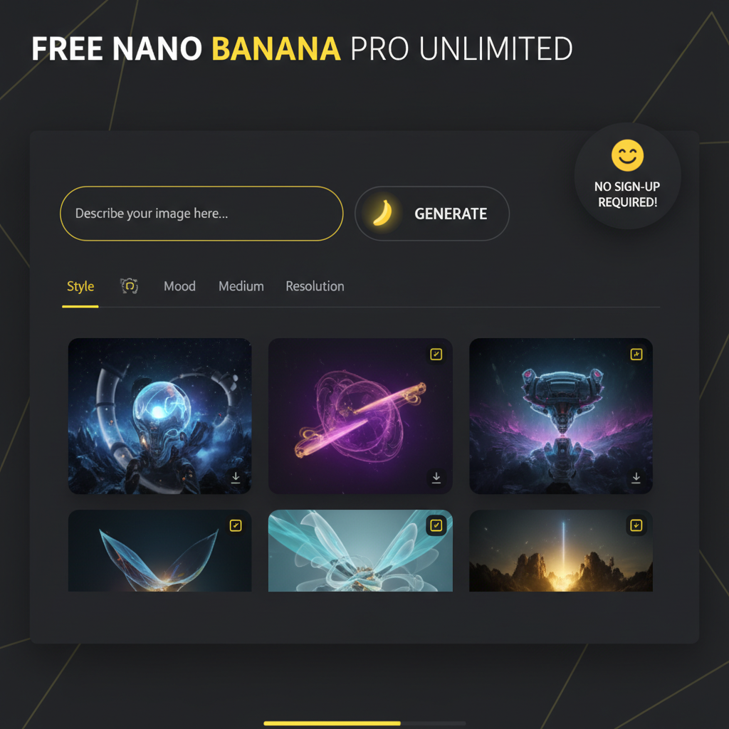 Free Nano Banana Pro unlimited interface — clean modern AI image generation web UI with friendly welcoming layout, no sign up required