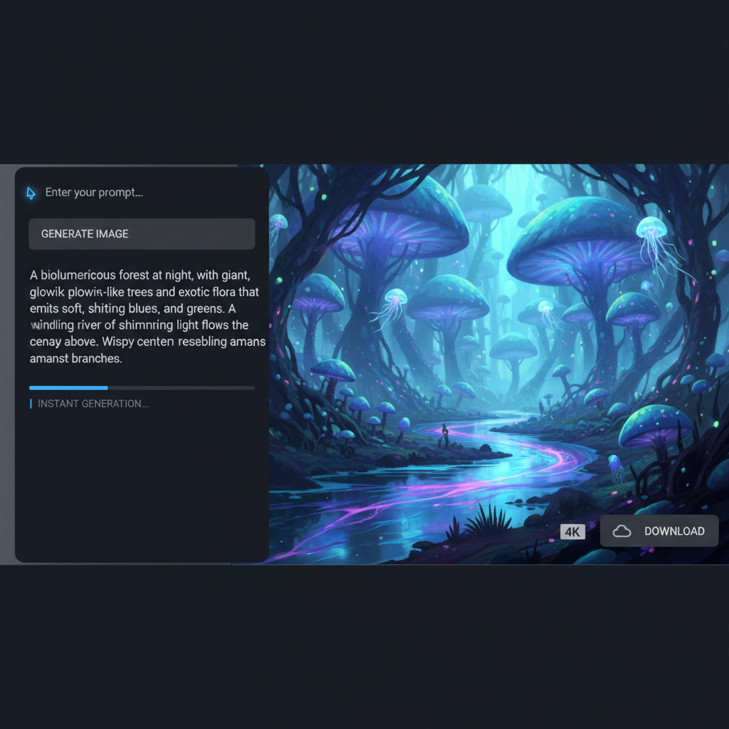 Free Nano Banana Pro unlimited workflow — split screen showing text prompt input and beautiful 4K AI-generated output, seamless instant generation