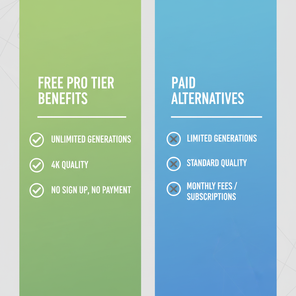 Free Nano Banana Pro unlimited comparison — checklist infographic showing Pro tier benefits unlimited generations 4K quality no sign up no payment