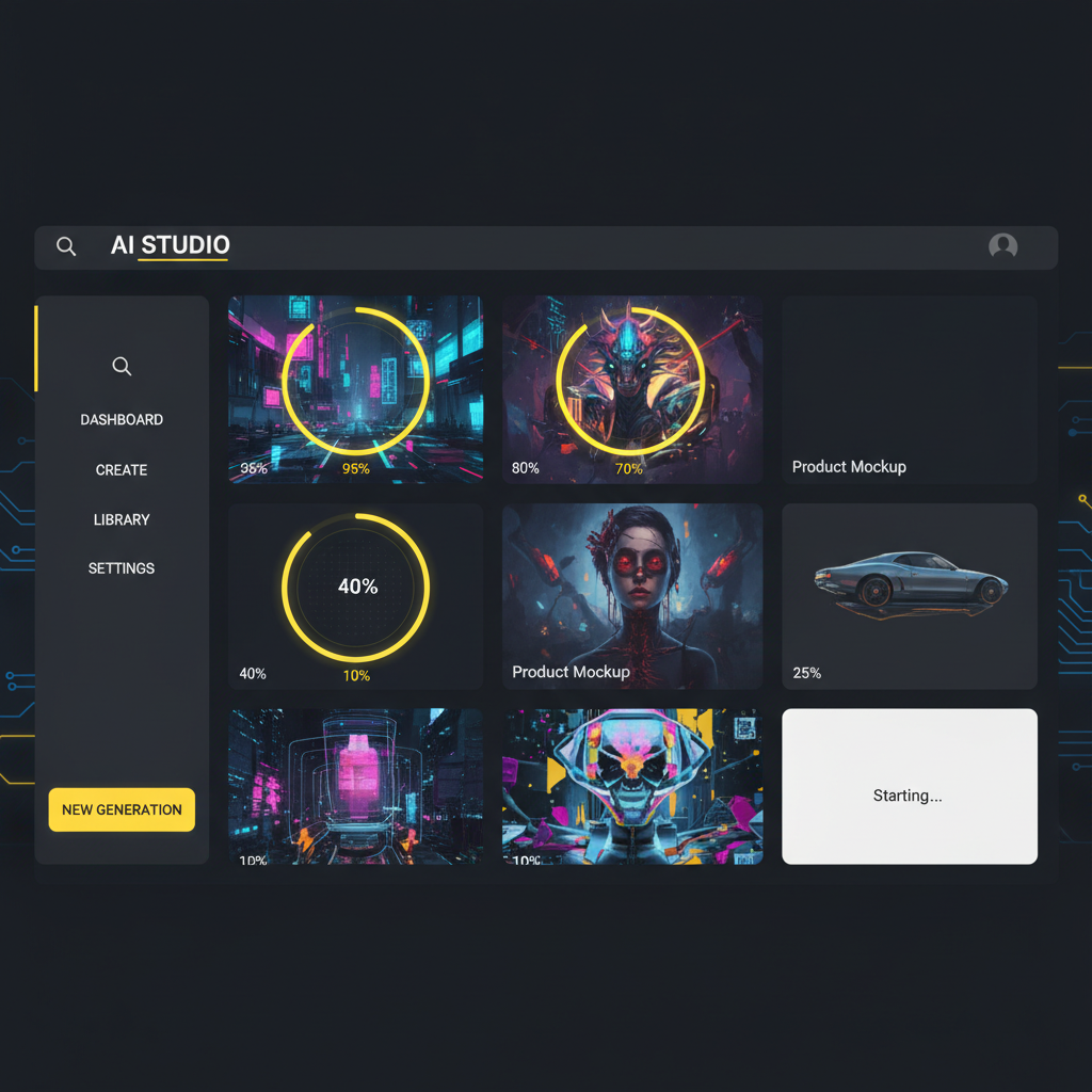 Free Nano Banana Pro unlimited dashboard — modern AI image generation interface with multiple ongoing generations and progress indicators