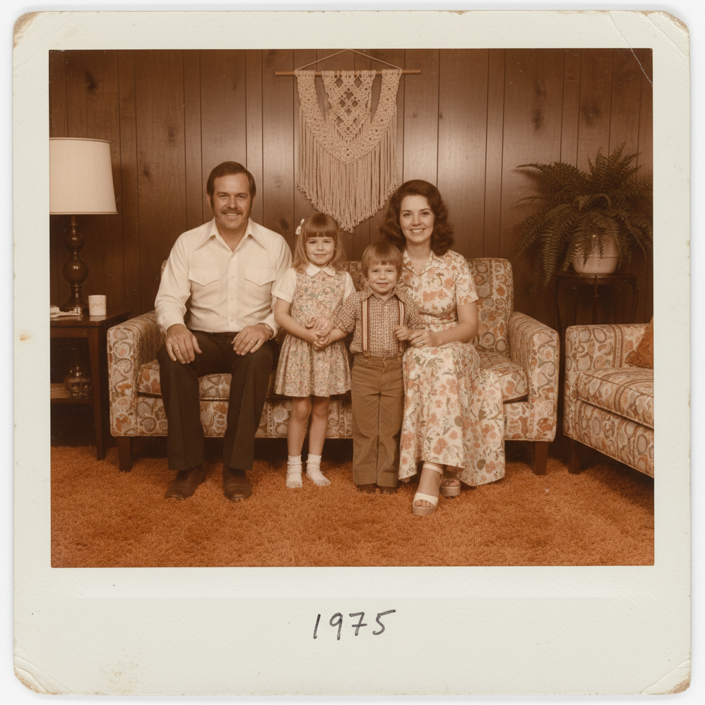 AI vintage photo generator output — warm sepia 1970s family portrait with classic film grain and faded retro tones