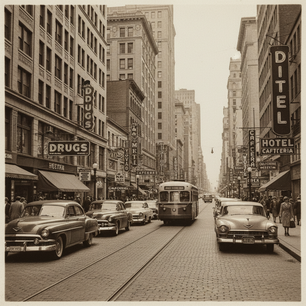 AI vintage photo generator black and white 1950s street scene with classic film grain, retro signage and timeless documentary style
