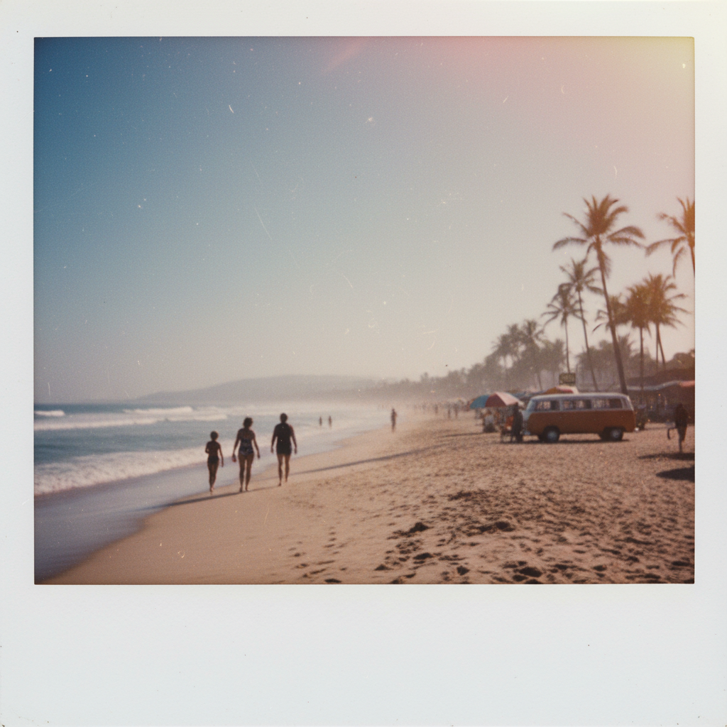 AI vintage photo generator retro Polaroid beach scene with faded pastel colors, soft light leaks and classic 1980s summer aesthetic