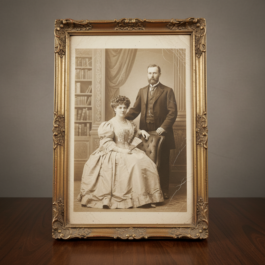 AI vintage photo generator antique Victorian-era couple portrait in sepia tones with formal pose and aged photo paper texture
